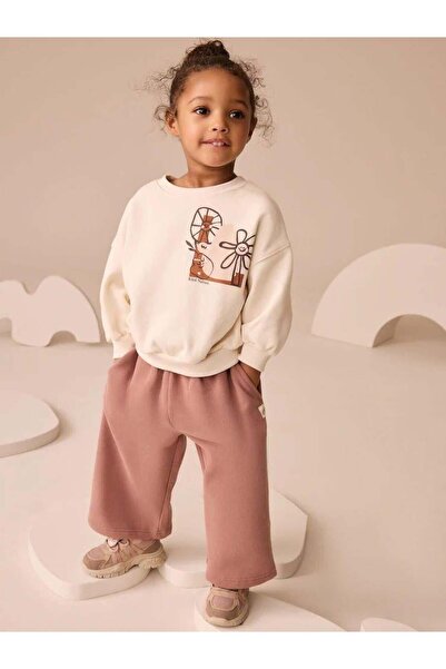 Magu Girl's Cotton Ecru Printed Sweatshirt and Dusty Rose Sweatpants Set - Comfortable Fit