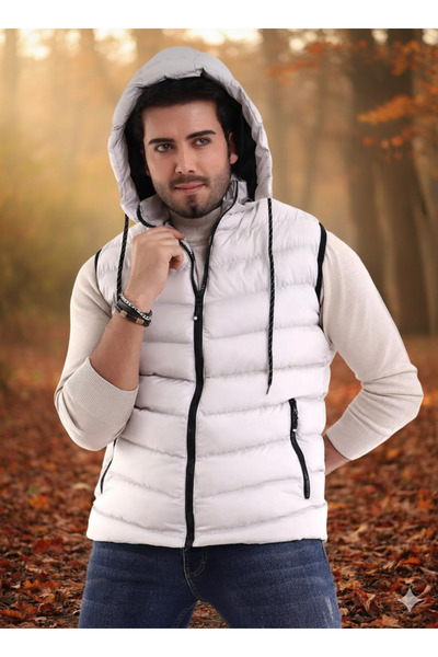 Ayşo Men's Stone Color Removable Zippered Hood Casual Sports Puffer Vest