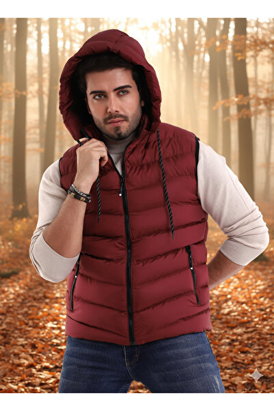 Ayşo Men's Burgundy Removable Zippered Hood Casual Sports Puffer Vest