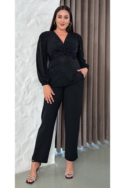 Butik Nilyam Kadın Büyük Beden Kruvaze Yaka Burgu Detaylı Uzun Kol Taşlı İşlemeli Esnek Abiye Takım Elbise 25032