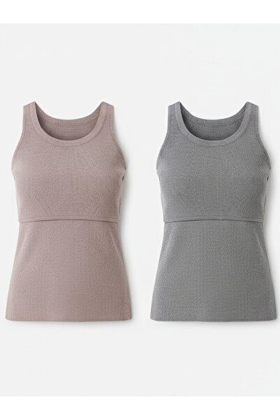 maternel 2'li Kolsuz Triko Emzirme Seti - Pembe & Gri