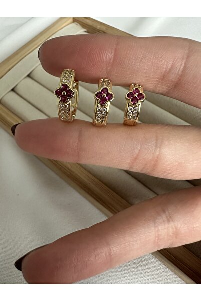 ringbox طقم أقراط ذهبية من ثلاث قطع من حجر الفوشيا