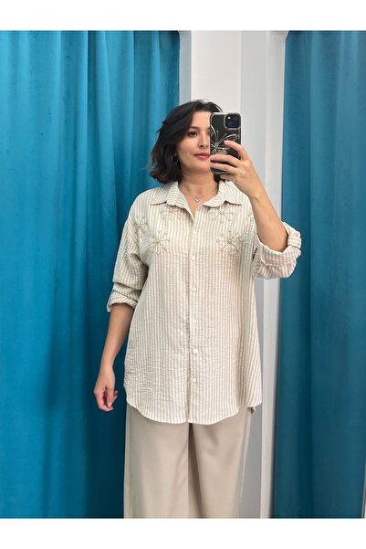 NiBU Beige Striped Shirt with Bead Detail