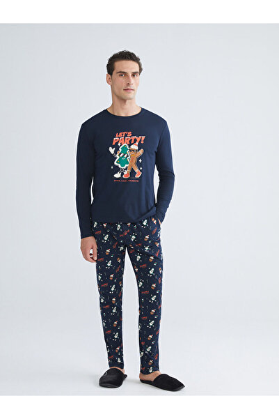 LC Waikiki Navy Blue Standard Fit Christmas Themed Men's Pajamas Set