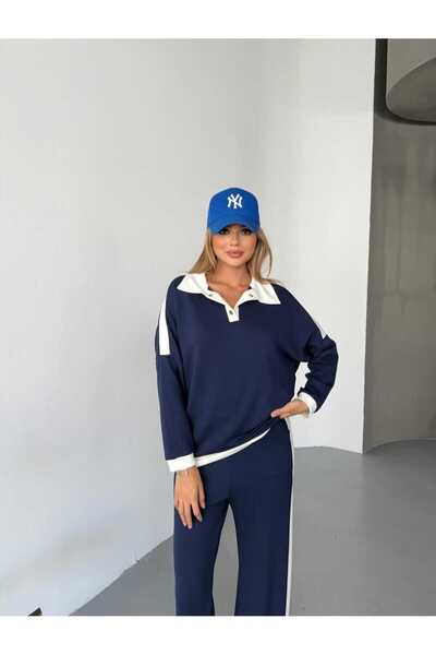 QİMYA BUTİK Şans Li̇fe Women's Stripe Detailed Off-Shoulder Polo Neck Trousers Two-Piece Set