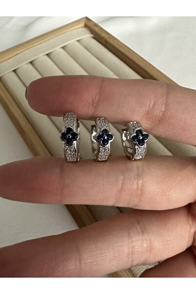 ringbox Navy Blue Stone 3-Piece Clover Silver Color Earring Set