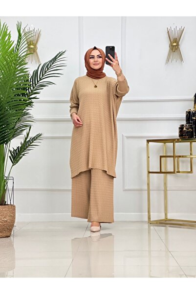 Enans Design طقم تونيك وبنطلون منسوج من خيوط الشعر بحجم كبير، طقم حجاب من قطعتين