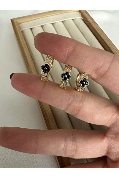 ringbox طقم أقراط ذهبية من ثلاث قطع على شكل ورقة البرسيم باللون الأزرق الداكن