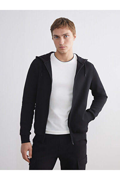 LC Waikiki Black Hooded Men's Zippered Sweatshirt