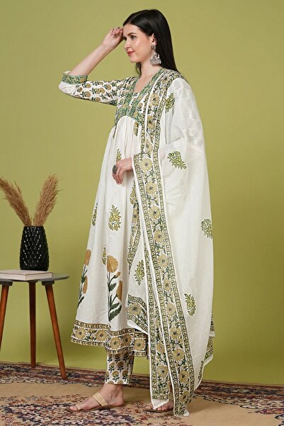 PRIYA'S PANACHE Women's Ethnic Floral Embroidered A-Line Kurta Set with Pants & Dupatta - White