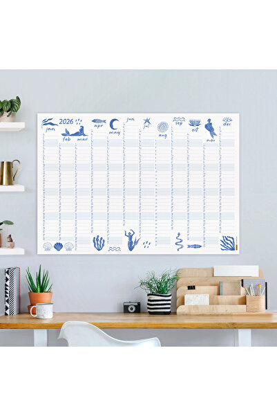 bi'aldım 2026 Yıllık Planlayıcı Duvar Takvimi, Deniz Kızı ve Okyanus Sanatı, Kobalt Mavi Takvim, 2026 Duvar T