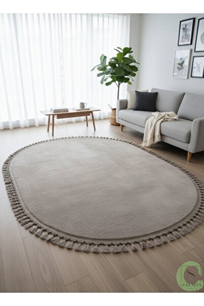 SERENİTA Yıkanabilir Post Peluş Kaymaz Taban Vizon Oval Saçaklı Salon Oturma / Çocuk Odası Mutfak Halısı
