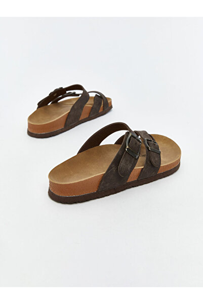 LC Waikiki Brown Leather-Look Double-Striped Women's Slippers