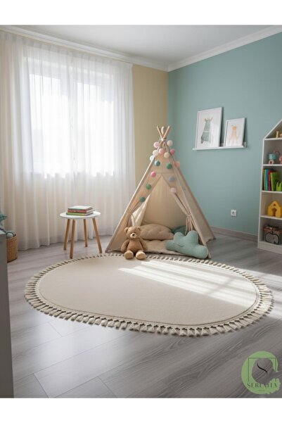 SERENİTA Yıkanabilir Post Peluş Kaymaz Taban Krem Oval Saçaklı Salon Oturma / Çocuk Odası Mutfak Halısı
