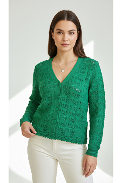 Digz fashion Yeşil Ajur Desenli Düğmeli Triko Hırka