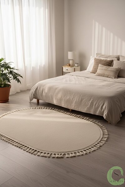 SERENİTA Yıkanabilir Post Peluş Kaymaz Taban Krem Oval Saçaklı Salon Oturma / Çocuk Odası Mutfak Halısı