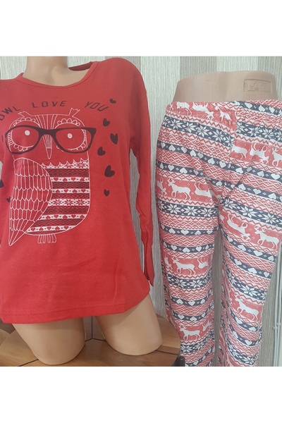 Butik Red Front Patterned Long Sleeve Top and Long Elasticated 100% Cotton Pajama Set