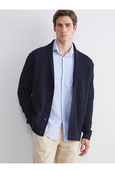 LC Waikiki MG TRENDEN Мъжки плетен кардиган с шалов яка в тъмносин цвят и ста...