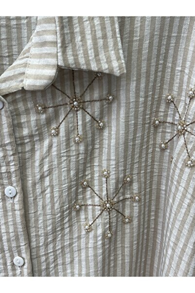 NiBU Beige Striped Shirt with Bead Detail