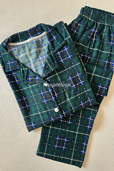 Feruzdesign Πράσινο καρό σετ πιτζάμες με μακρυμάνικο μπλουζάκι με κουμπιά μπροστά