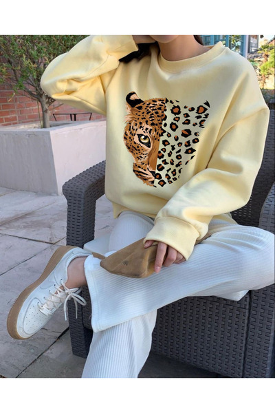 Tubinyoo سترة رياضية بياقة دائرية مطبوعة بنقشة الفهد بثلاثة خيوط