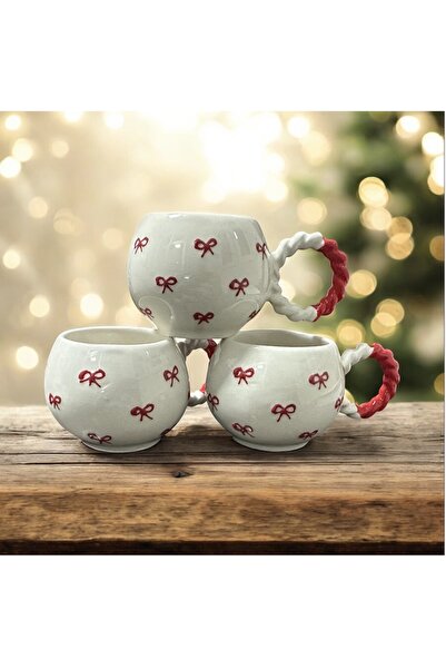 ADEN LİNA ART WORKSHOP 3 Piece Handmade Ceramic Mug with Red Bow Pattern