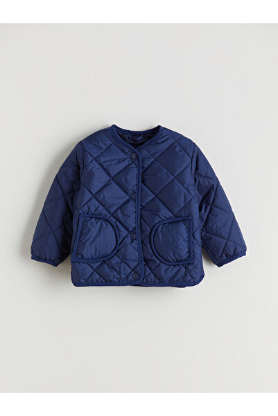 LC Waikiki Navy Blue Crew Neck Quilted Patterned Girl's Coat