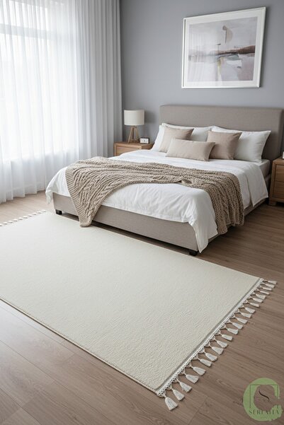 SERENİTA Yıkanabilir Post Peluş Kaymaz Taban Krem Saçaklı Salon Oturma / Çocuk Odası Mutfak Antre Halısı