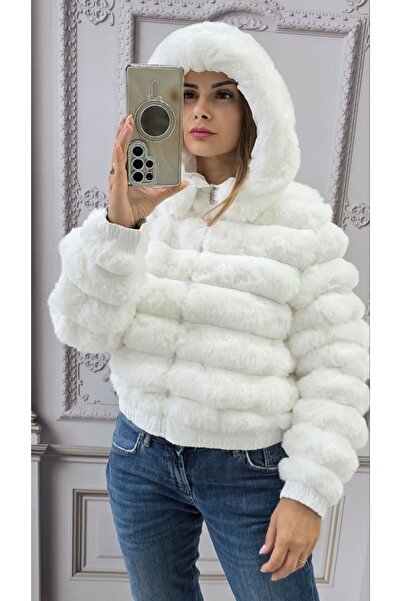 GLAMSI Geaca modernă damă din blană ecologică cu glugă