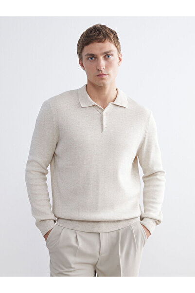 LC Waikiki Pulover pentru bărbați cu mânecă lungă, cu guler polo, bej