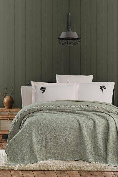 Beğenal Valeria Premium Зелений кольоровий квітковий двоспальний покрив (з на...