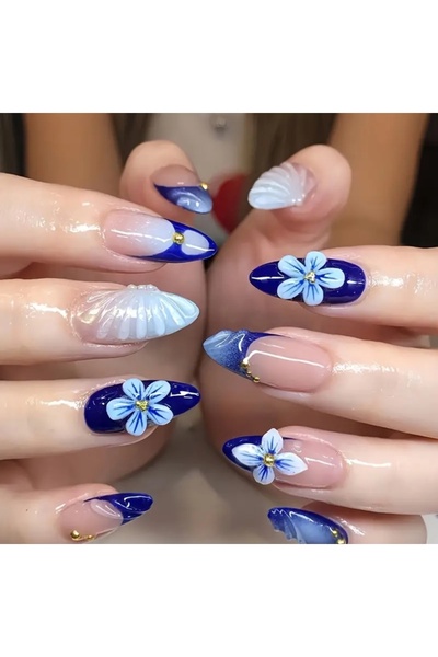 PİRAYE AKSESUAR 24'lü Beyaz Lacivert Jel Kabartma Detaylı Çiçek Temalı Gold C...