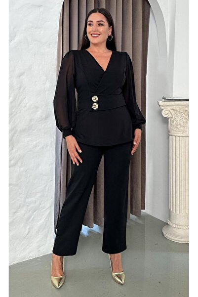 Butik Nilyam Women's Plus Size Double Breasted Collar Chiffon Sleeve Double Brooch Detail Stretchy Blouse Pants Set 25038