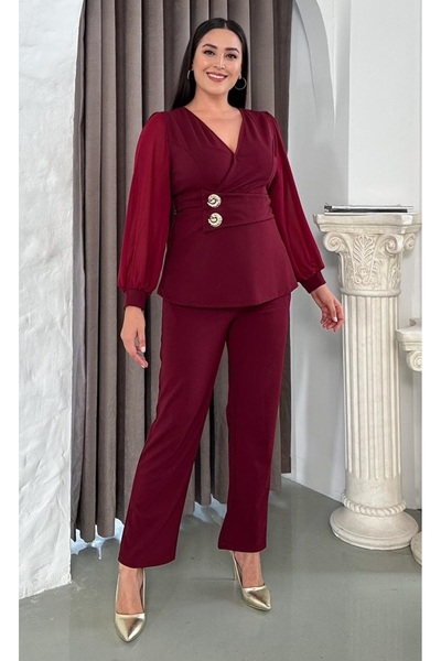 Butik Nilyam Women's Plus Size Double Breasted Lapel Chiffon Sleeve Double Brooch Detail Stretchy Evening Dress Suit 25036