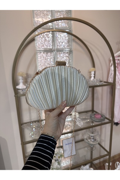 MODA Şık Pilili Saten Abiye Clutch Çanta - Altın Detaylı Özel Davet Çantası-D...