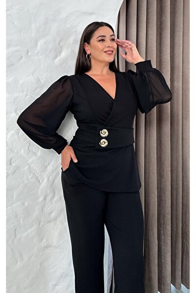Butik Nilyam Women's Plus Size Double Breasted Collar Chiffon Sleeve Double Brooch Detail Stretchy Blouse Pants Set 25038