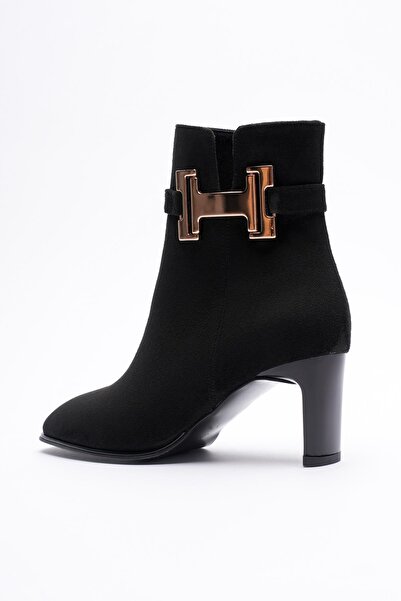 Mubiano Kadın Süet Topuklu Bot 6.5 cm Fermuarlı Gold Tokalı Siyah Hermina