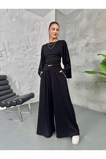 Elif Özbey Butik Black Belt Pleated Sleeves Flared Suit