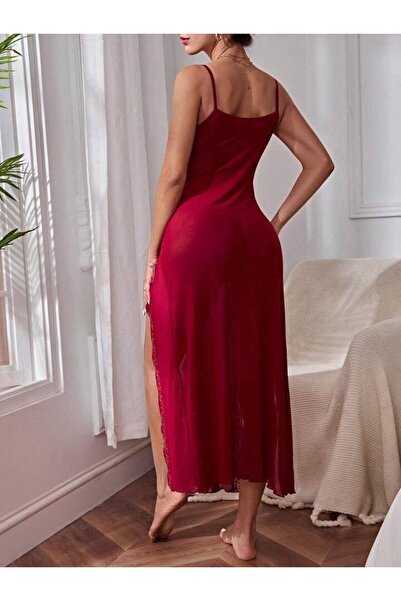 QUQUSTİL Kadın Askılı Kırmızı Dantelli Gecelik Flame