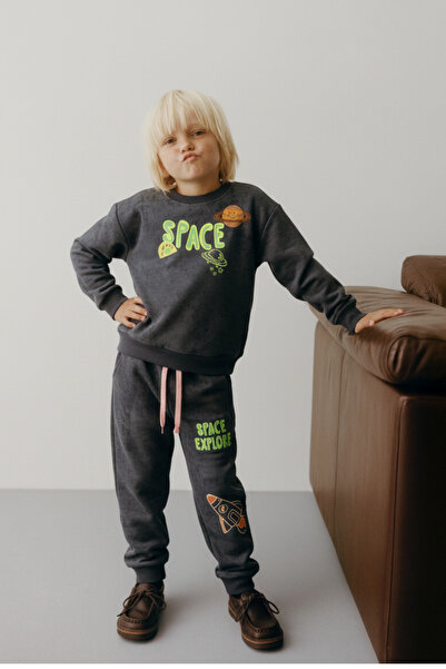 Magu Erkek Çocuk Pamuklu Füme Space Temalı Eşofman Takım - Gezegen ve Roket B...