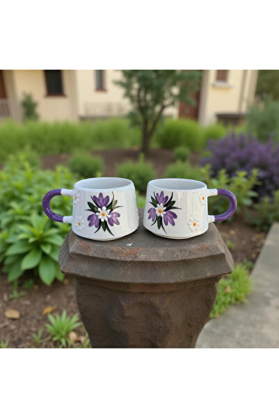 İlbay Çini Takı 2 Pieces of Ceramic Classic Kettle Mug with Lilac-Colored Crocus Flower Pattern