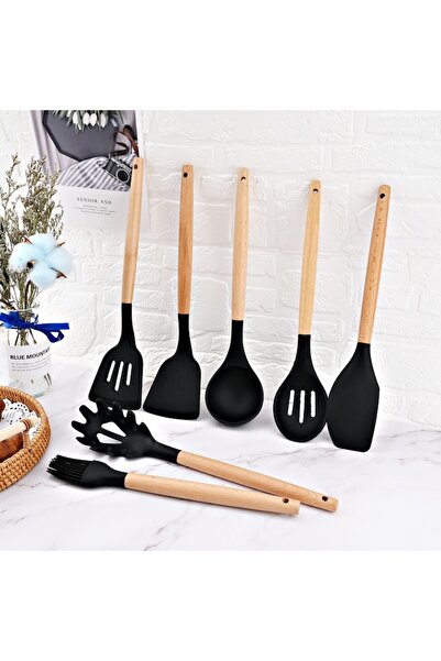 OEM Set of 12 kitchen utensils made of heat-resistant silicone and wooden handle, Black