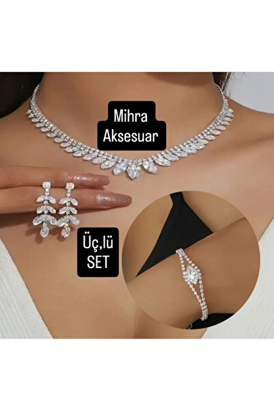 Mihra Aksesuar Crystal Stone Necklace Earrings Bracelet Triple Set Gift Jewelry Set Shuttle Stone
