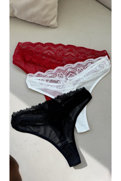YOYYO Tanga 3'Lü Tanga Dantelli Taşlı Kadın İç Giyim Külot-Tanga Günlük Fantazi