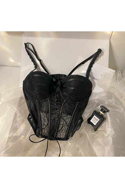 Giraffe Bluză crop cu bretele subțiri din dantelă, bustieră, corset, costum g...