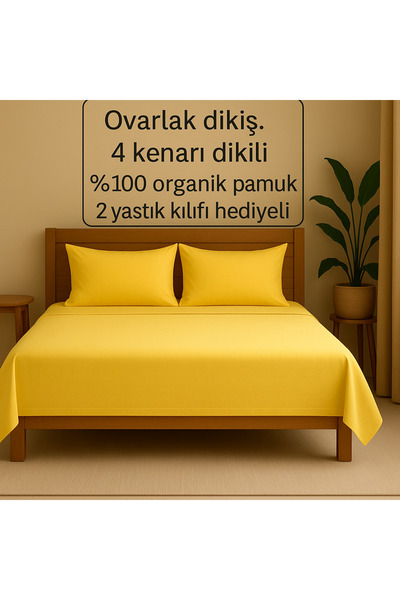 Loova Fitted Sheet, Double Size, Yellow Color, 100% Cotton, Sewn at 4 Corners...