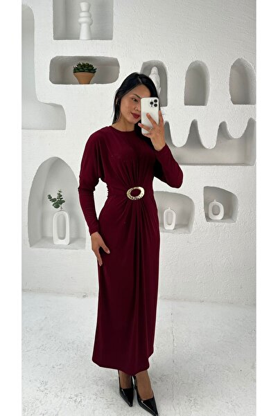 Nida Boutique Bisiklet Yaka Yarasa Kol Gold Toka Detaylı Cendy Kumaş Elbise