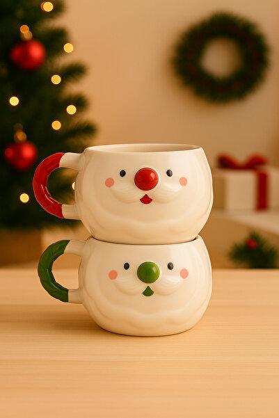 Kotium Ceramics 2 ' Lİ NOEL BABA KUPA Yılbaşı Özel Kabartmalı Özel Dokulu Tamamıyla El Yapımı Seramik Kupa