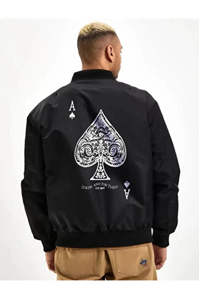LUMİART Men's Bomber Jacket – Black Color, Ace of Spades Print, Zipper Closur...
