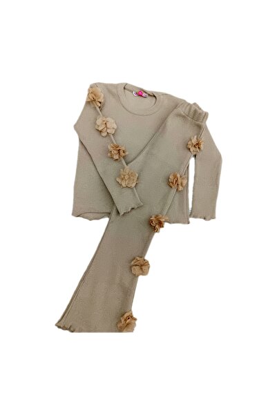 NİLZ Beige Color Rose Detailed Corded Girls' Camisole Top and Bottom Set